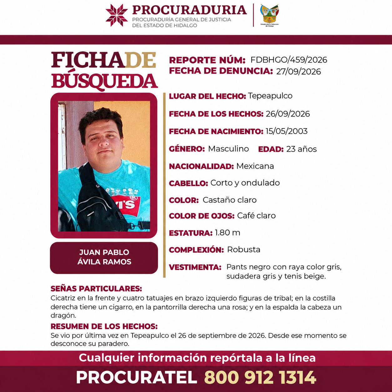 Buscan a Juan Pablo Ávila Ramos, desaparecido en Tepeapulco